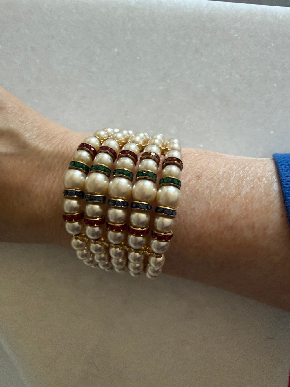 Vintage Faux Pearl Multi Strand Stretch Cuff Bracelet Rhinestone Statement Wide